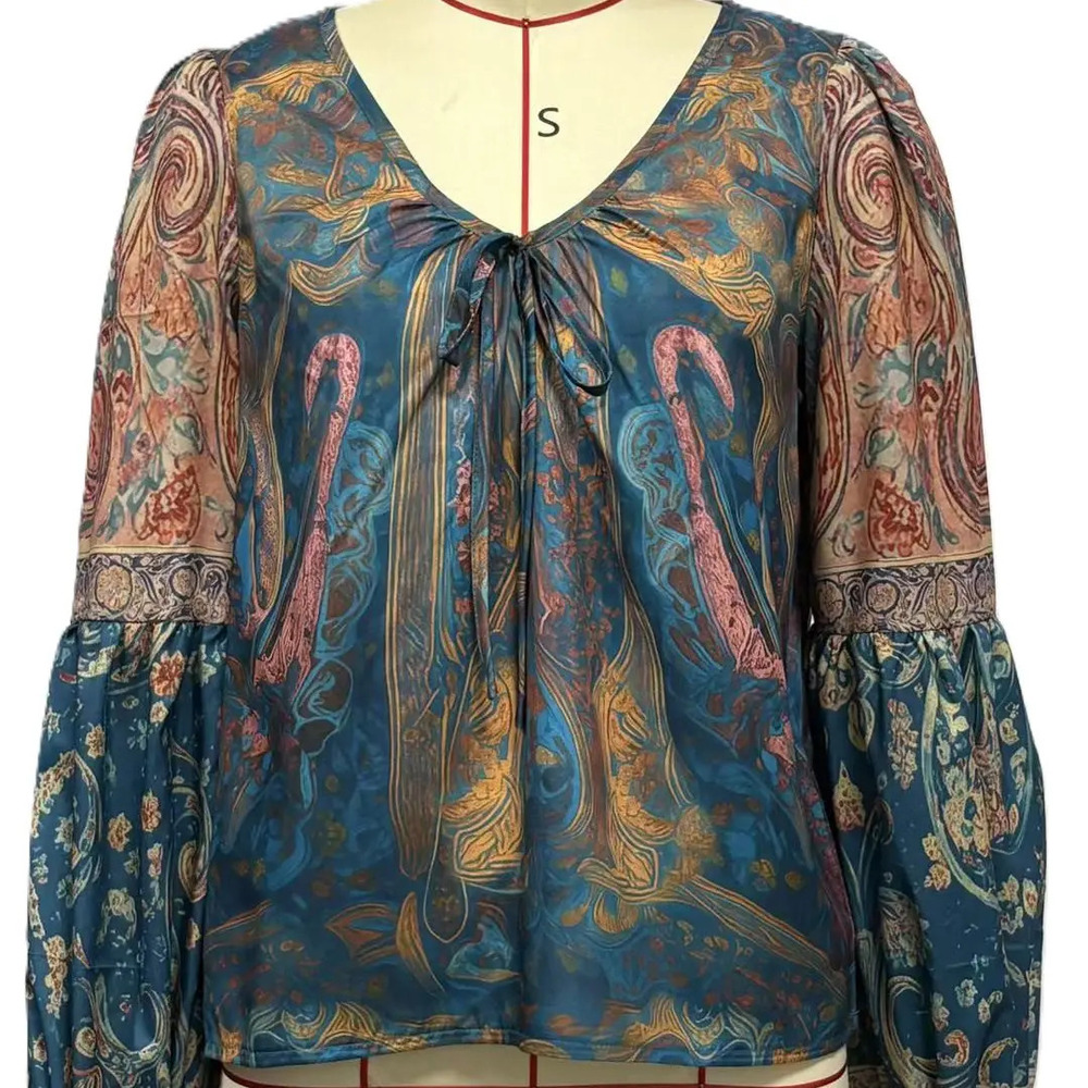 02961 | Boho Paisley Print V-Neck Blouse | Bell Sleeves | Sizes S-2XL